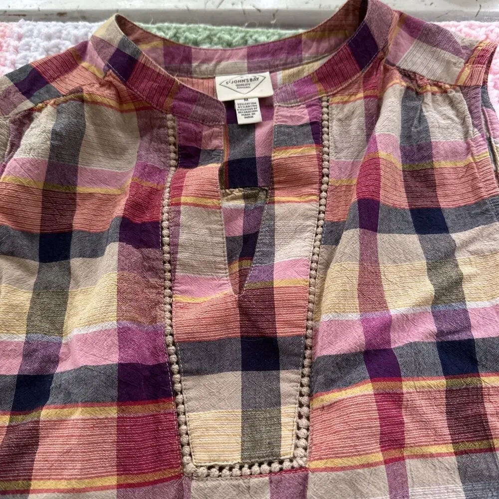 St John’s Bay Midi Sleeveless Summer Dress Plaid Belted Size Medium Pinks Beiges